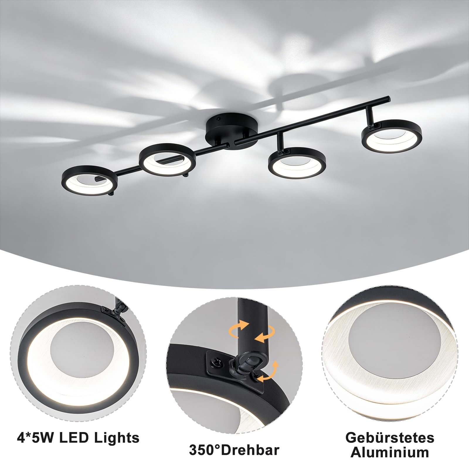 LED Deckenleuchte, Schwarz Moderne Runde Deckenlampe mit 4 Ringe, 20W 4000K | WILON Deckenbeleuchtung Innen Flur Deckenleuchte, Deckenlampen für Wohnzimmer Treppe Schlafzimmer Balkon Küche Veranda