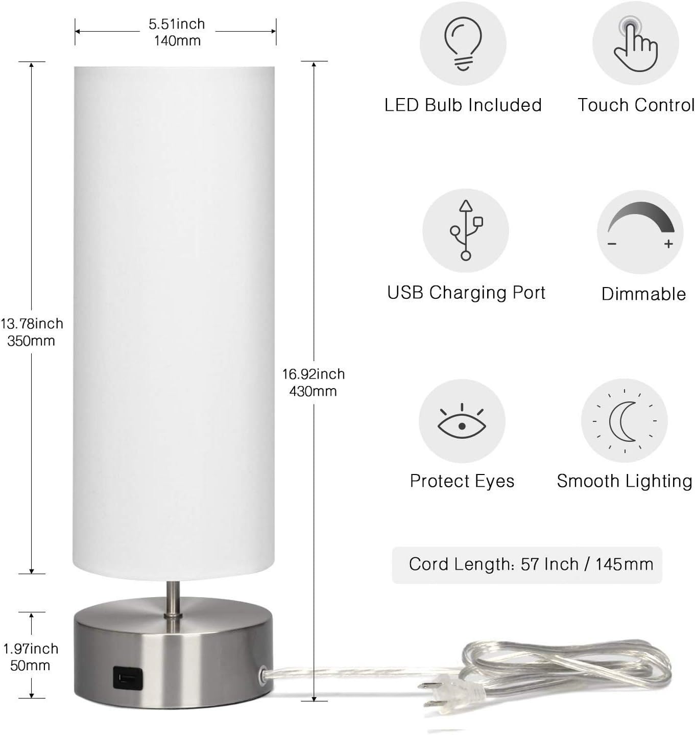 Boncoo Bedside Touch Lamp with USB Port, 3 Way Dimmable Boho Table Lamp Minimalist Nighstand Lamp with Fabric Cylinder Shade, Table Lamp for Bedroom, Side Table Lamp for Desk Dorm, LED Bulb Included