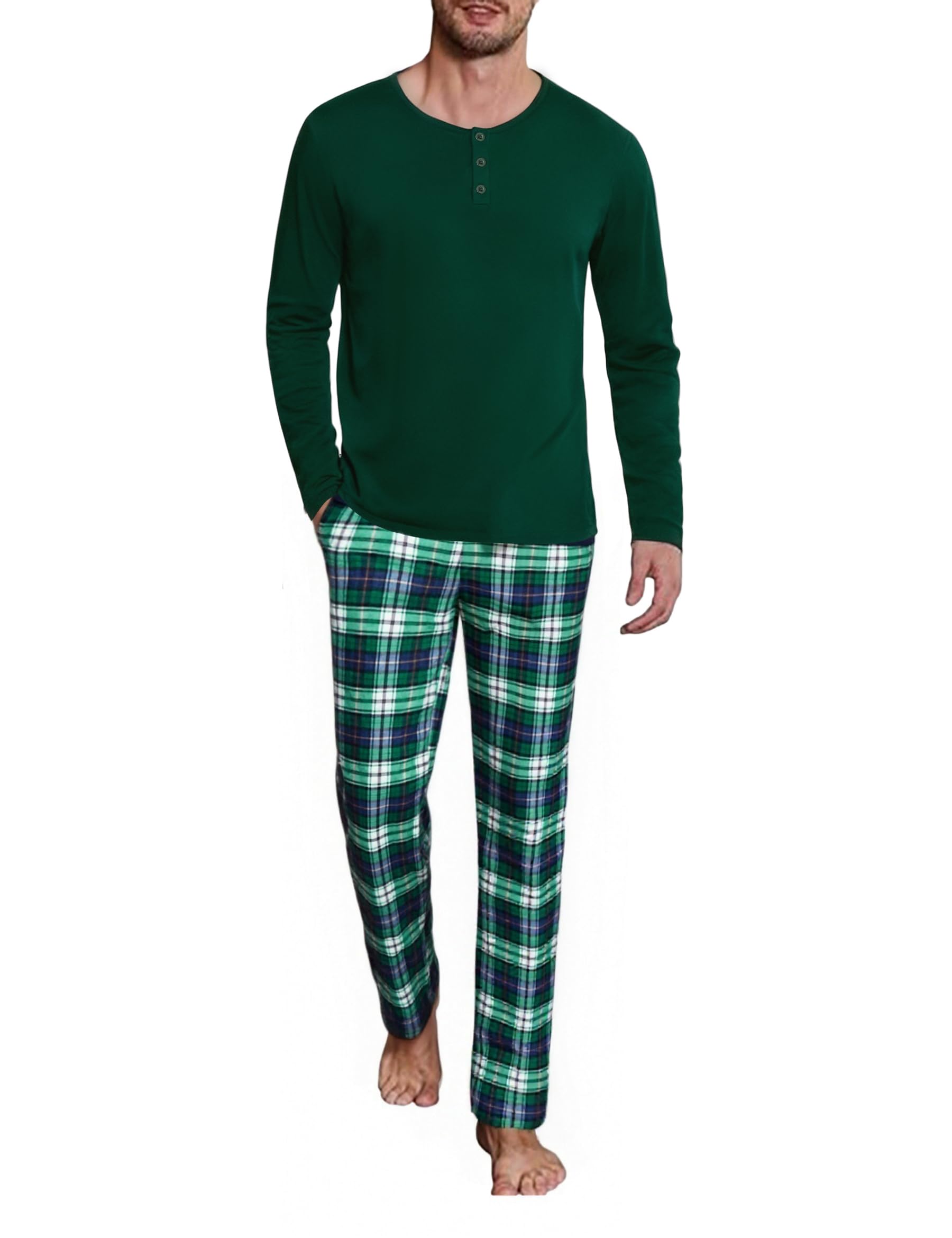 Uniexcosm Schlafanzug Herren Lang Kariert Pyjama Set Zweiteiler Nachtwäsche V-Ausschnitt Langarm Oberteil und Pyjamahose Sleepwear Schlafanzüge für Männer