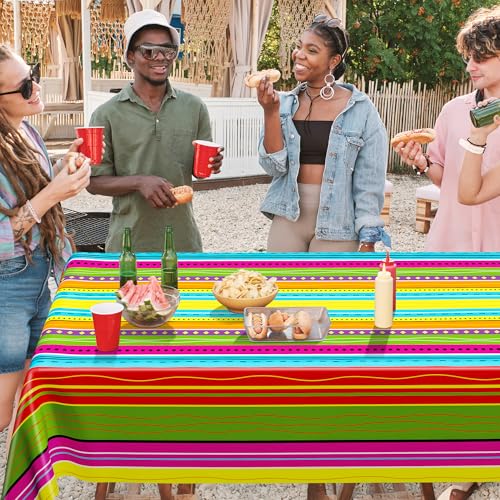 Image of 3 Pcs Plastic Day of the Dead Tablecloth Mexican Theme Party Decorations | 54 inch x 108 inch Fit 6FT Table, Thick PE3 Plastic Rectangle Table Cover, Colorful Serape Stripe Dinnerware Fiesta Decorations