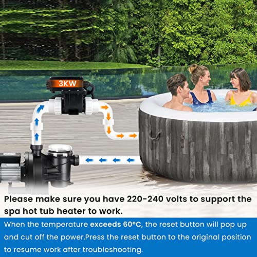 Ebusin 220V 3KW Spa Hot Tub Heater with Adjustable Temperature Thermostat, Inflatable Pool Heater for above Ground Pools, Hot Tubs & Inflatable bathtub,H30-RS1
