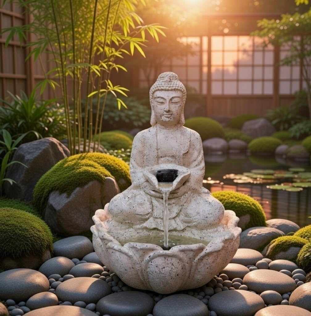 ALILA Buddha Statue Water Fountain for Living Room Home Decor Decoration Table Top Indoor Outdoor Gift Gifting Items, 14 inches / 35cm (14inches, OffWhite)