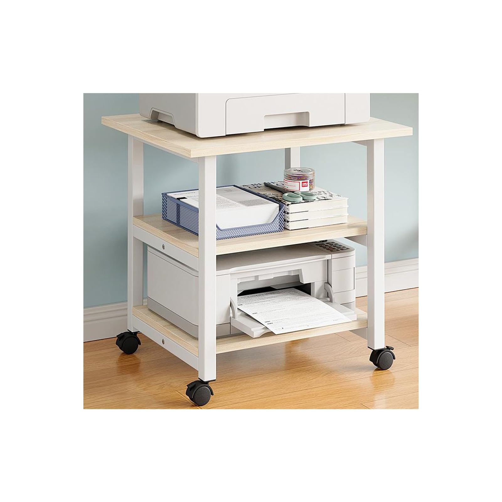 IEOWY Printer stand,2-Tier Mobile Printer Stand with Wheels, Large Printer Rack & Storage Shelf for Fax Machine, White Maple, Rolling Printer Holder, Versatile Cart for Home & Office
