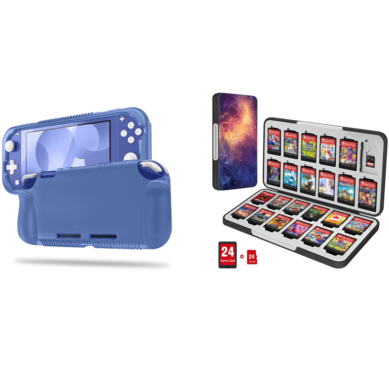FINTIE Bundle: Soft Silicone Case for Nintendo Switch Lite 2019, Anti-Slip Protective Cover w/Ergonomic Grip + Game Card Case for Switch Games, 24 Slots Card & 24 Slots Micro SD Card Storage Box