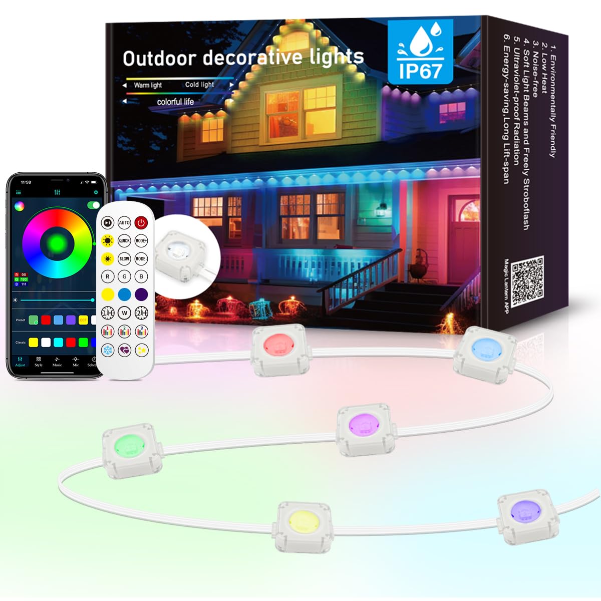 YXHLa luz de fiesta festiva rgbic es permanente 24v, 47 modos de música de cadena óptica impermeable ip67 aplicación simultánea bluetooth, adecuada para exteriores e interiores.