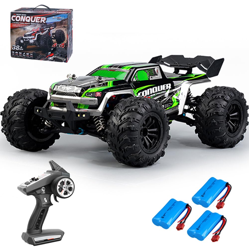 X-Verse Coche teledirigido 1:16, 50 km/h, escobilla de carbón motor RC de alta velocidad Offroad Drift coche de carreras, 2,4 GHz, 4 WD All Terrain Offroad coche de carreras, 3 baterías (verde)