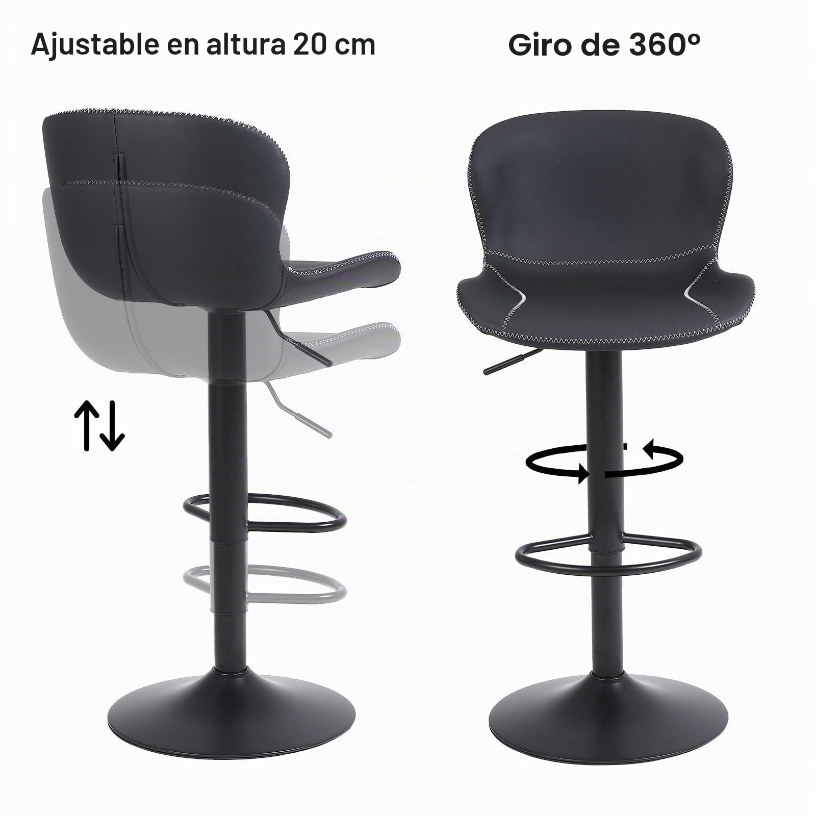 Youhauchair Taburetes Altos de Cocina Juego de 2, Taburete de Bar Regulable en Altura en Cuero PU, Taburete Alto con Respaldo y Reposapiés, Taburete Cocina Giratorio, Moderno, Negro