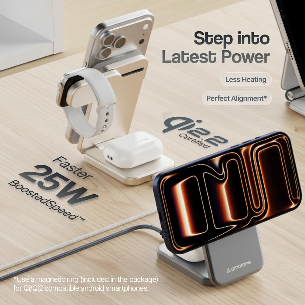 Ambrane Qi2 Magsafe Wireless 3-in-1 Charger for iPhone, Airpods&Apple Watch, Qi2 Certified Fast Charging, Premium&Foldable Design, for iPhone 17/16/15/14/13/12 Series (AerosynQ Trio 3, Blue) — Amazon image 5