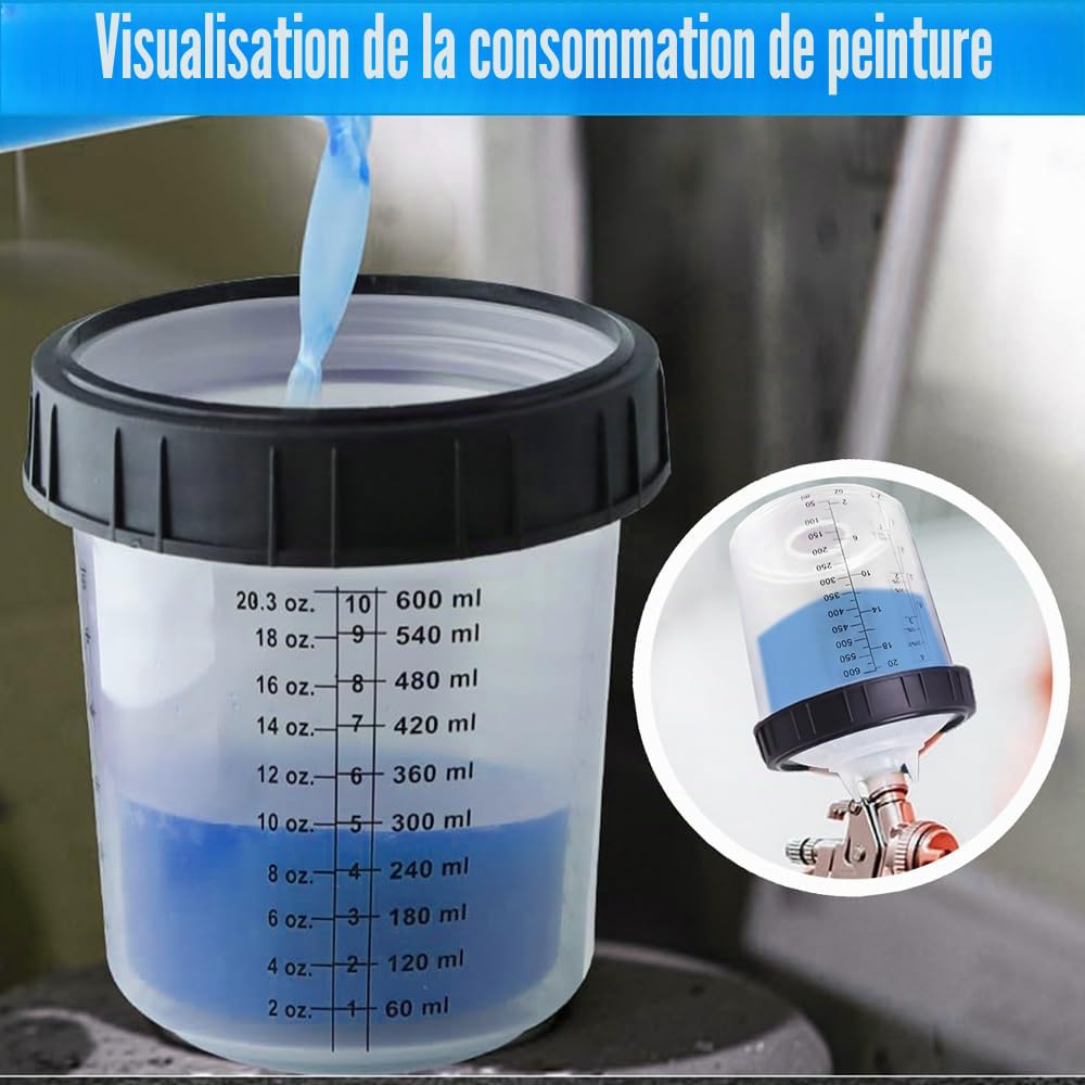 Ensemble de Godets Jetables pour Pistolets à Peinture HVLP et LVLP, 600ML Kit de Tasse de Mélange de Peinture Comprenant 30 Gobelet et Couvercles, 30 Filtres, 10 Bouchons et 2 Adaptateurs pour Godets
