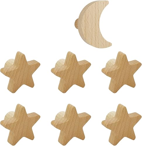 Moons and Stars - Juego de 7 ganchos de madera para colgar sombreros, gorras, bolsas (6 estrellas + 1 luna)