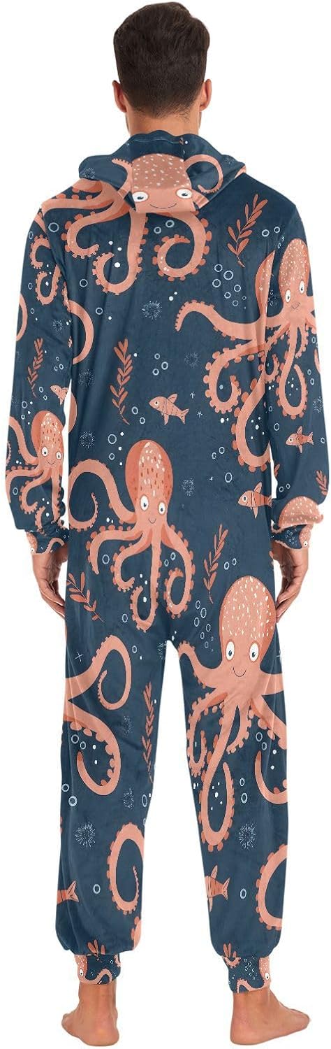 Cute Cartoon Octopus Blue Adult Onesie Pajamas Novelty One Piece Costume Sleepwear Jumpsuits Matching PJS