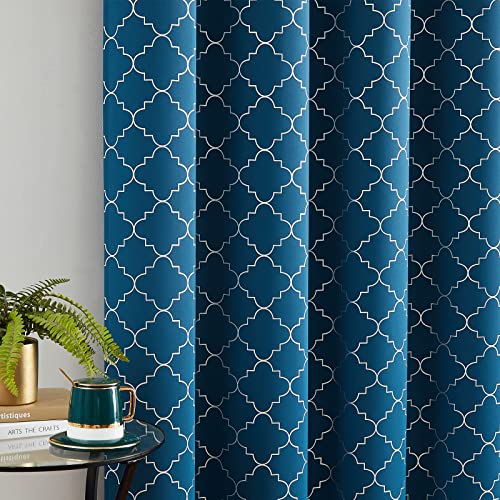 Enactex 100% Full Blackout Curtains 63 Inch Length Thermal Insulated Blue Curtain with Geometric Metallic Silver Pattern, Light Blocking Grommet Window Drapes for Living Room Bedroom, 2 Panels