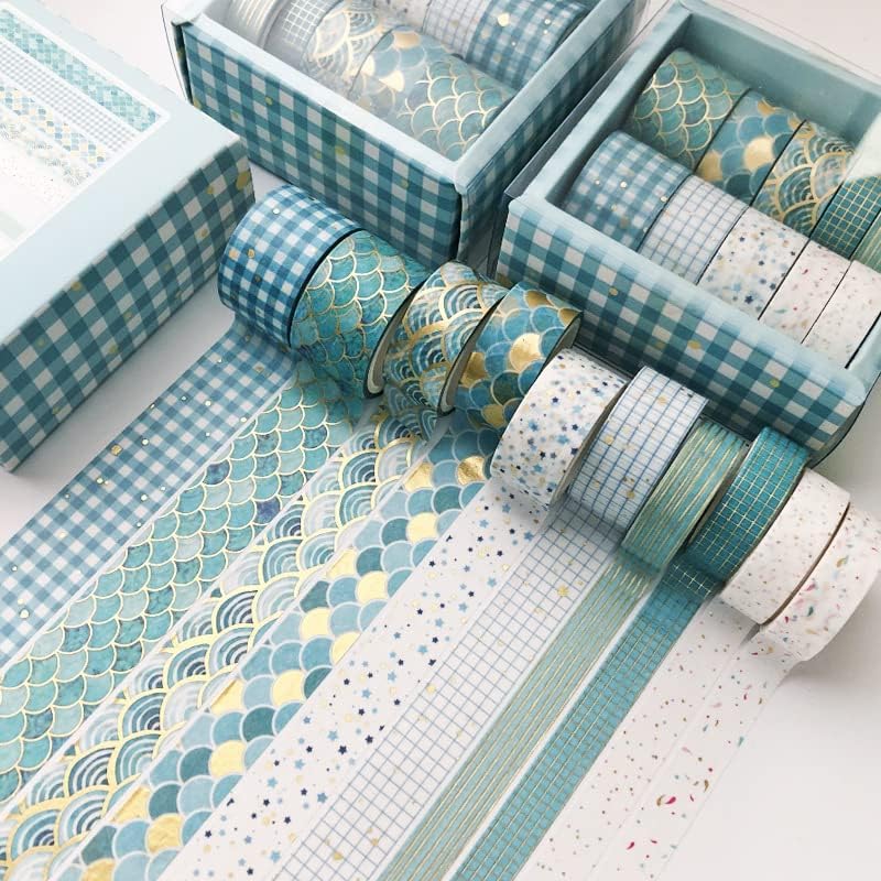 Lakeer 10 Rolls Washi Tape Set Golden Foil Decorative Japanese Masking Paper Tape for Scrapbooking, Planners, Card/Gift Wrapping, DIY Decor and Craft Supplies (Blue), 8.4 Cm