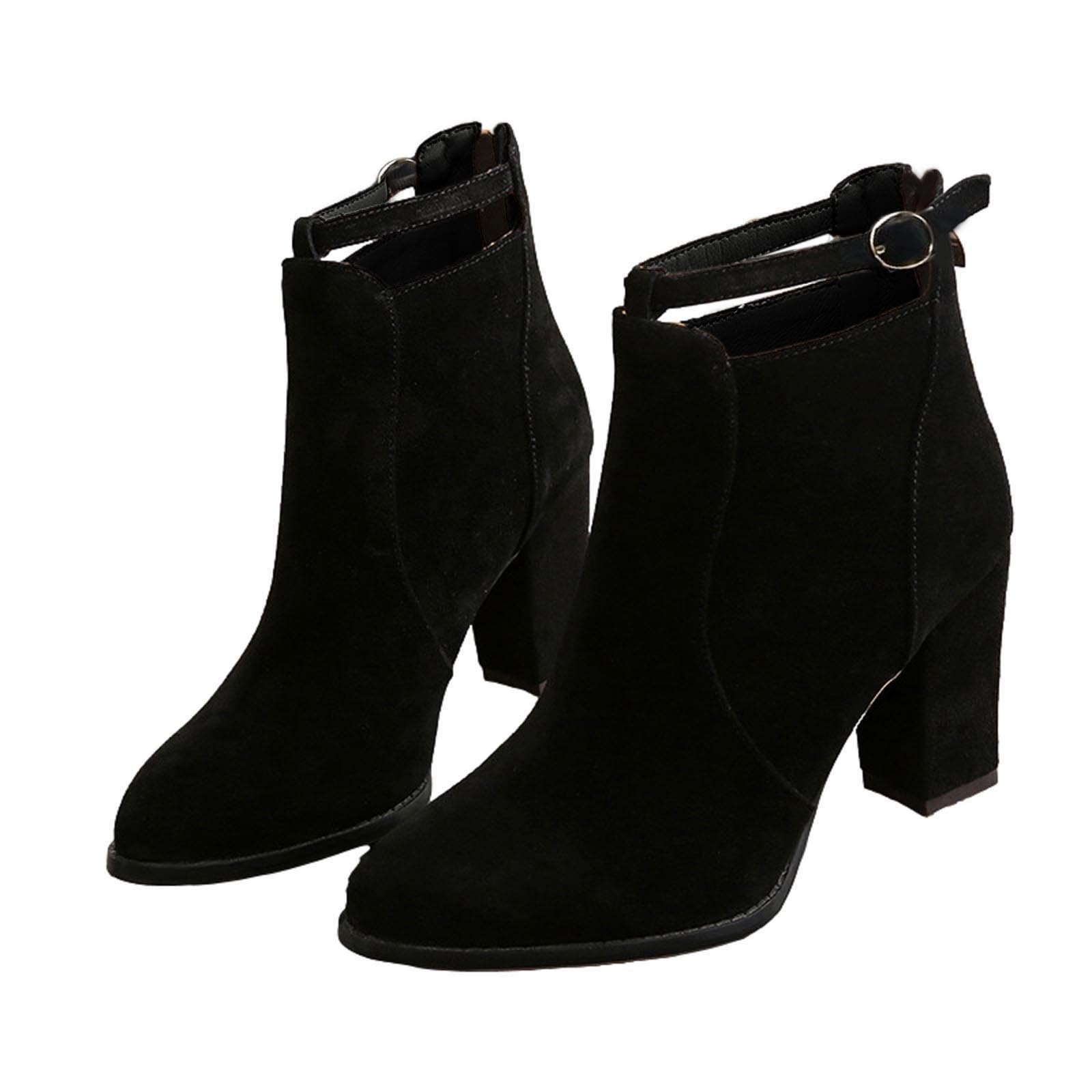 Womens Ankle Boots Fashion High Heel Suede Strap Buckle Chunky Block Booties Dress Mid Calf Dressy Short Boot