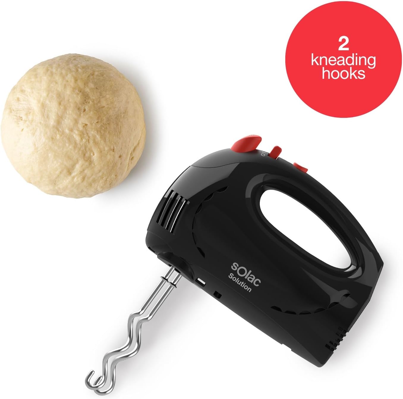 Solac hand mixer with kneading hooks next to dough