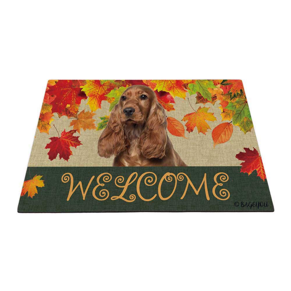 BAGEYOU Welcome Fall with My Favorite Dog Brown Cocker Outdoor Doormat Maple Leaf Harvest Season Rustic Decor Porch Rugs Floor Mat 35.4" x 23.6" — image 1