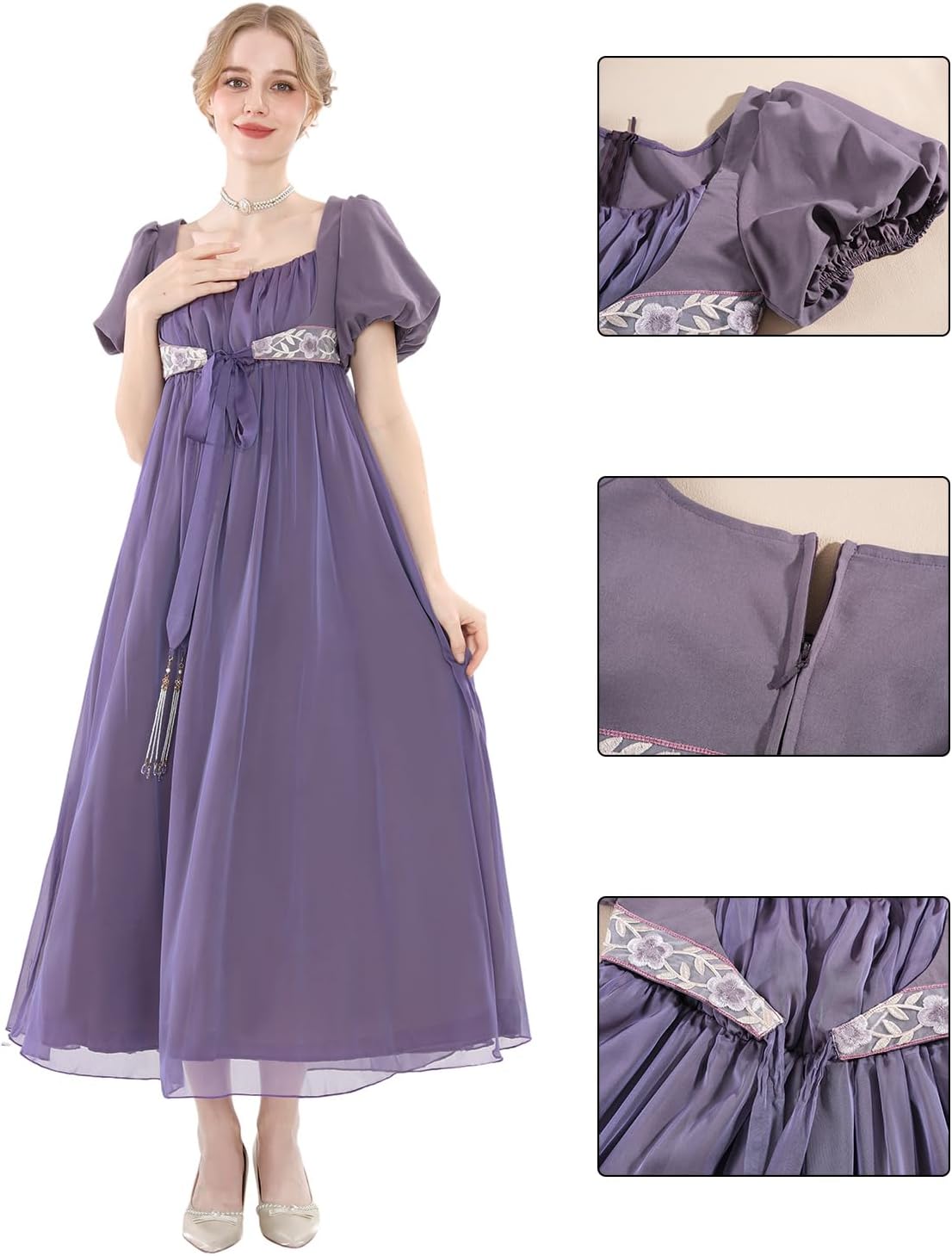Nuoqi Regency Dresses for Women Regency Era 1800s Dress Empire Waist Victorian Tea Ball Gown - Image 5