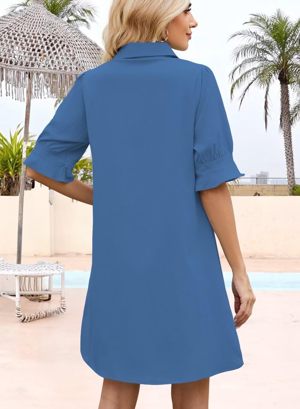 Wkior Women's Casual Shirt Dress Button Down Ruffle Sleeve Shift Summer Mini Dresses with Pockets Dusty Blue L - Image 5