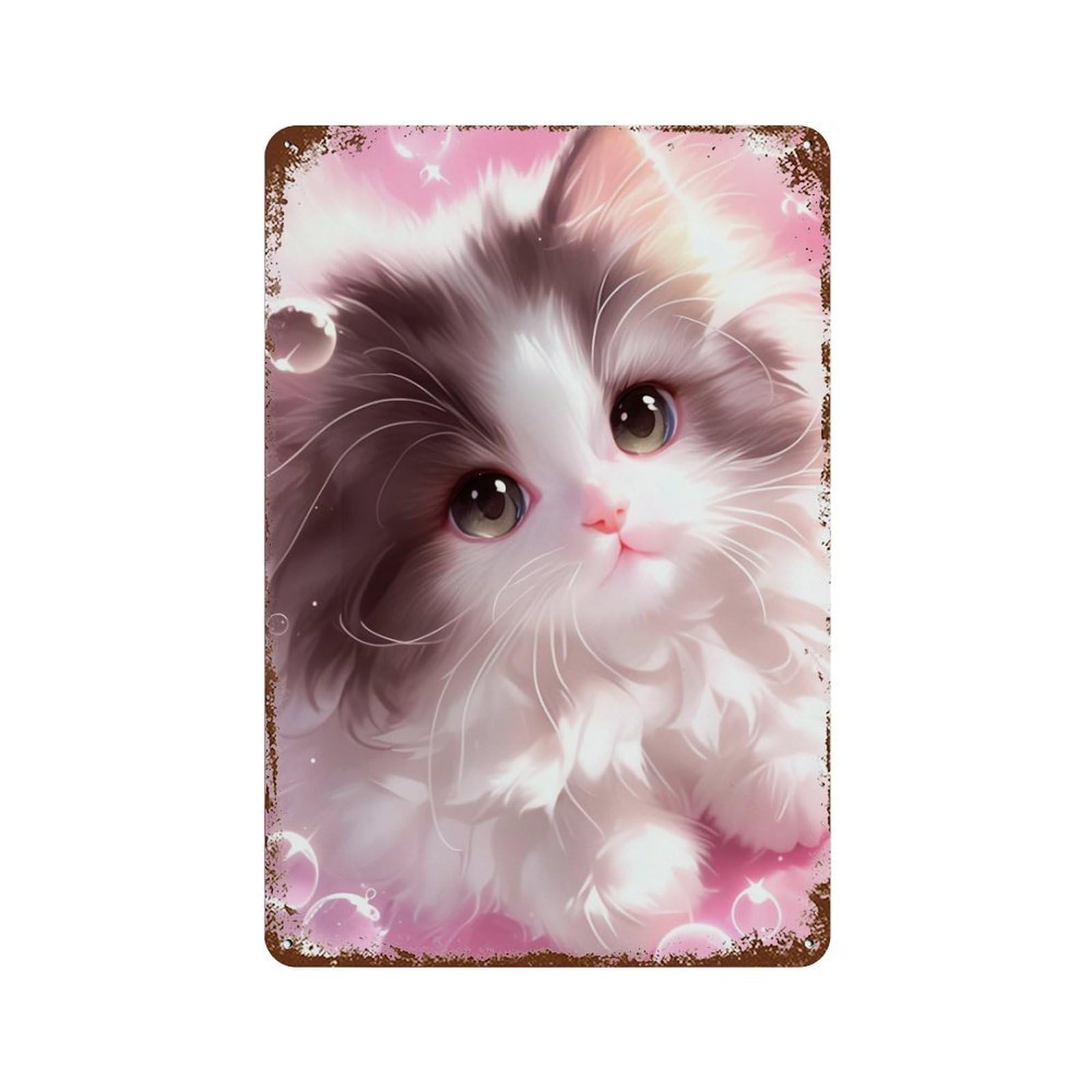 Cute Kitten Pink Background 11.8"x7.9" Rust Effect Tin Sign, Vintage Wall Decor for Farmhouse, Kitchen And Entryway Decor