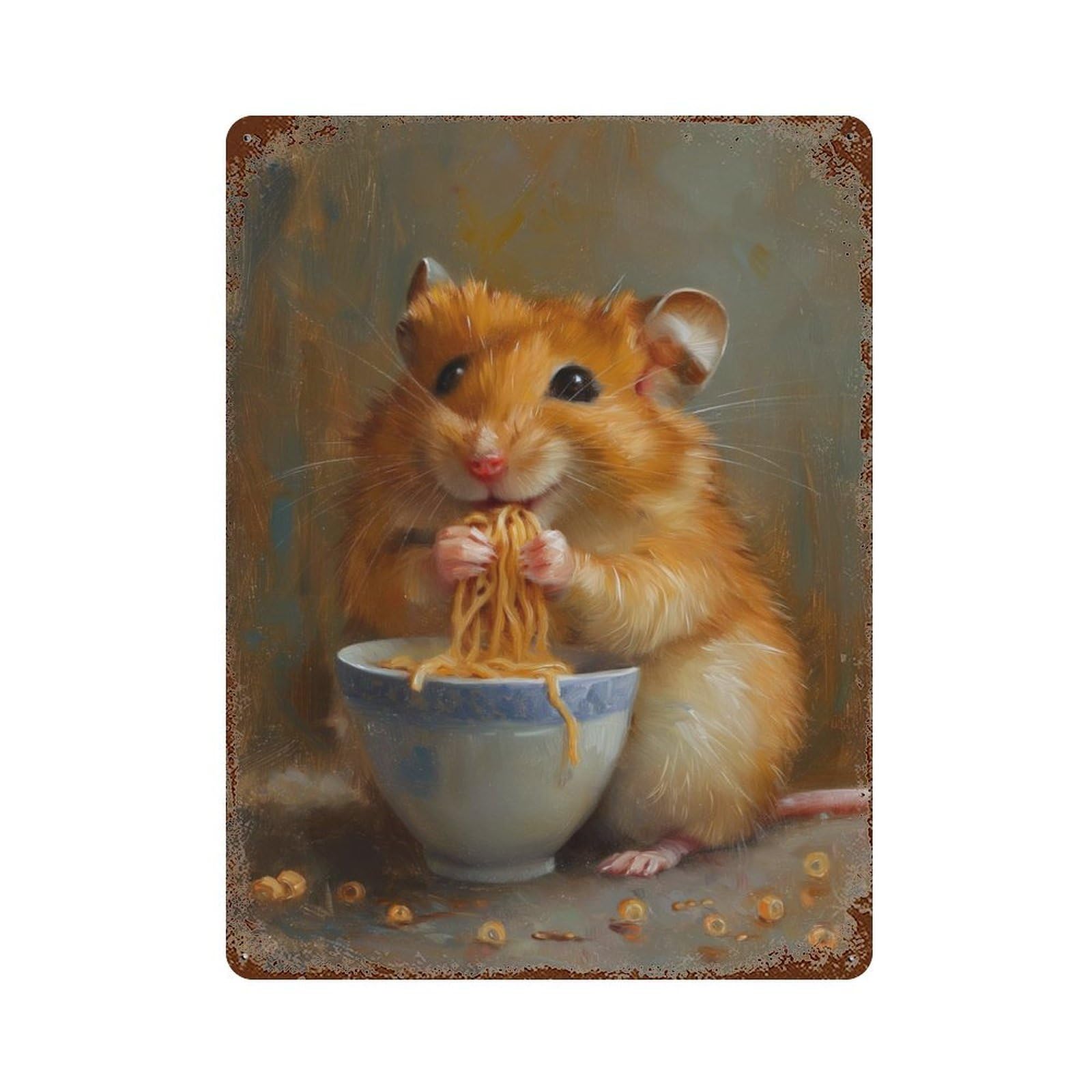 Cute Hamster Eating Ramen Weathered Tin Sign 15.7"x11.8", Retro Wall Decor for Pub, Kitchen And Man Cave Decor