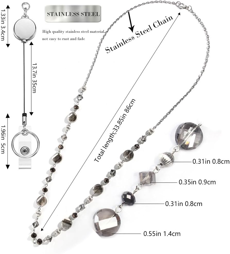 Fashion Teacher Colored Bead Hanging Lanyard Sweater Necklace Retractable Lanyards for ID Badges Reel Keys for Women (Style5) - Image 4