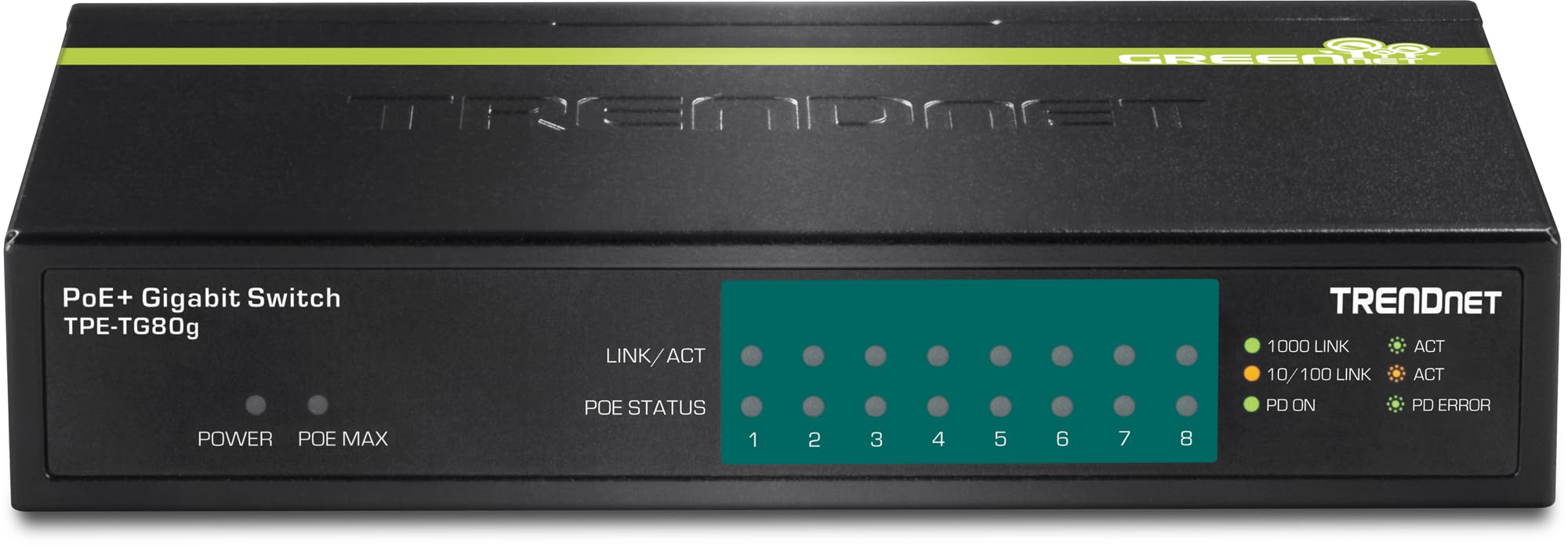 TRENDnet, TPE-TG80G, Switch Gigabit PoE+ de 8 Puertos, 23 W de Potencia PoE, 16 Gbps, Divisor Ethernet, Negro