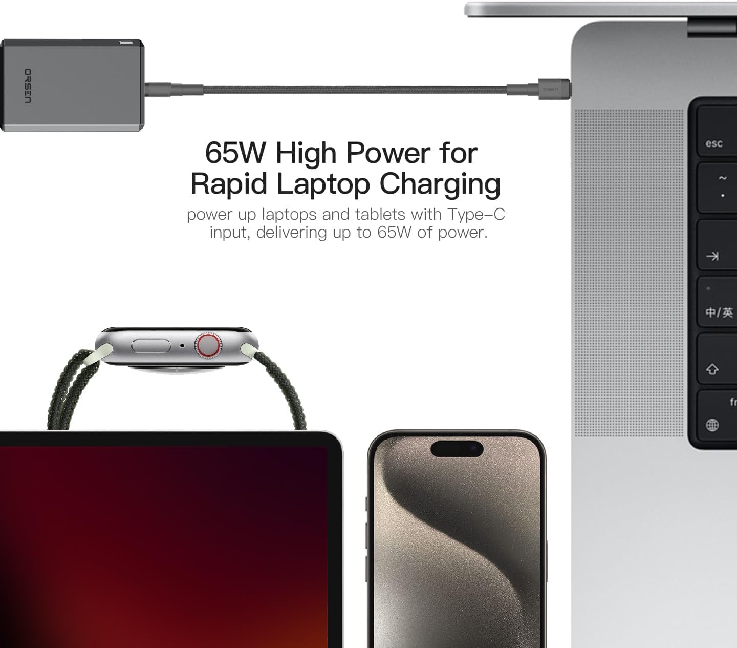 ORSEN C61T GaN ładowarka 65 W, 4 porty USB C, USB A, szybka ładowarka PD, zasilacz podróżny do laptopa, tabletu, smartfona, szara