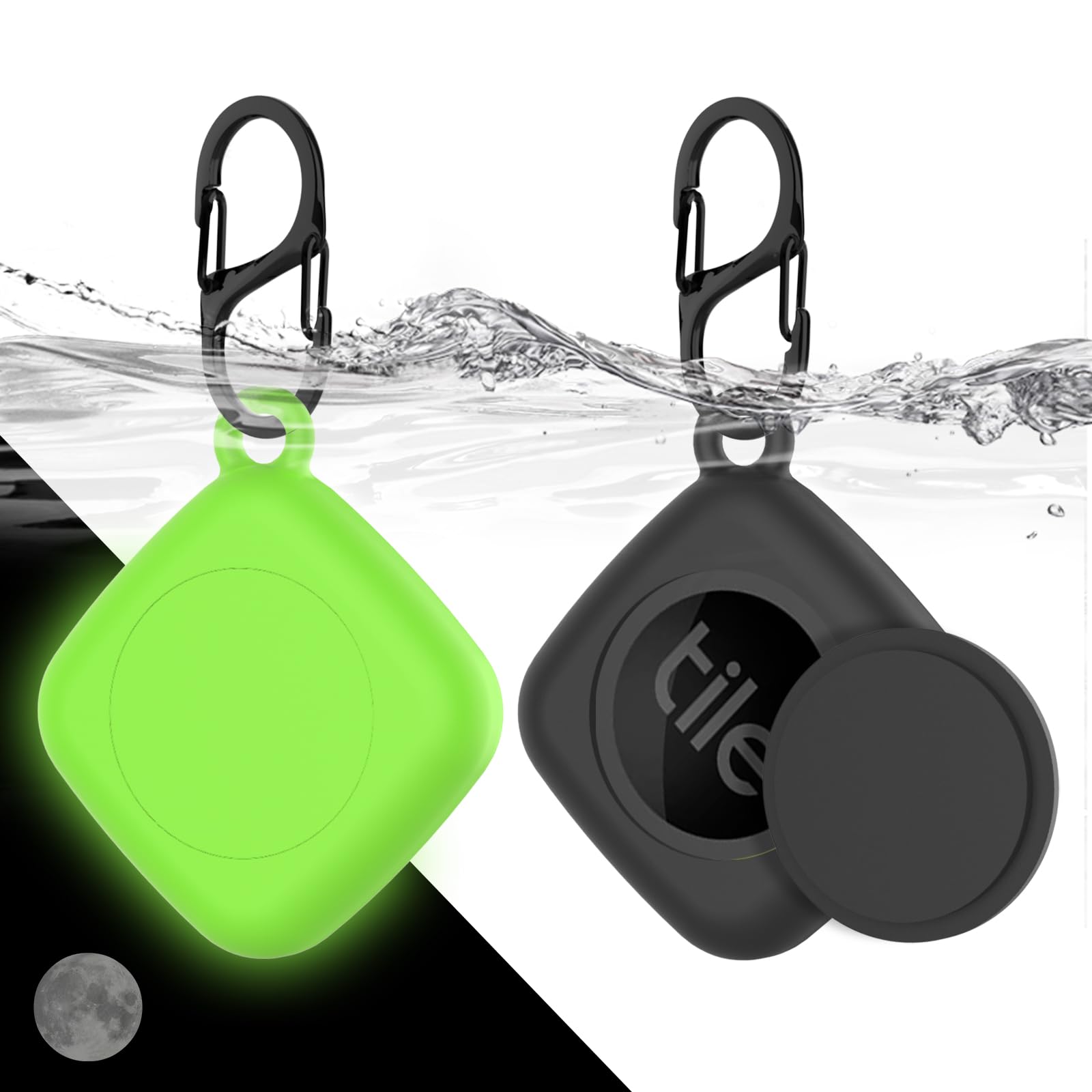 Silicone Case for Life360 Tile Tracker 2 Pack, for Tile Mate 2022 Full Body IPX8 Waterproof and Anti-Scratch Protective with Carabiner for Kids, Keys, Luggage, Cat/Dog Collar Tag (Black+Glow Green)