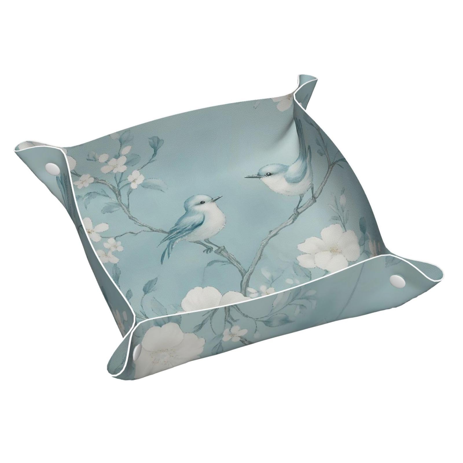 HLBSDM Light Blue Birds & White Floral Branch Tray Men's Leather Valet Parking Portable Entrance Trays Bedside Storage Box