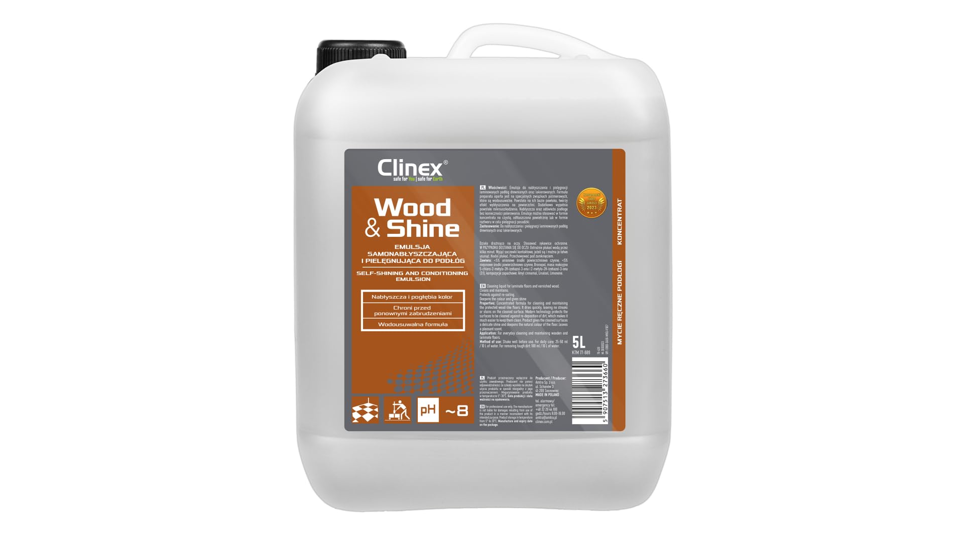 CLINEX Wood&Shine emulsja samopołyskująca i pielęgnująca do podłóg, specjalna formuła, drewniane podłogi, sampołyskująca, do domu, biura, 5 l