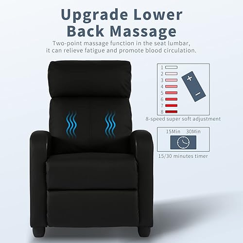 Miniatura 5 de HCY Silla reclinable de masaje acolchada con asiento ancho, sofá individual con reposapiés, piel sintética para sala de estar, cine en casa (negro)