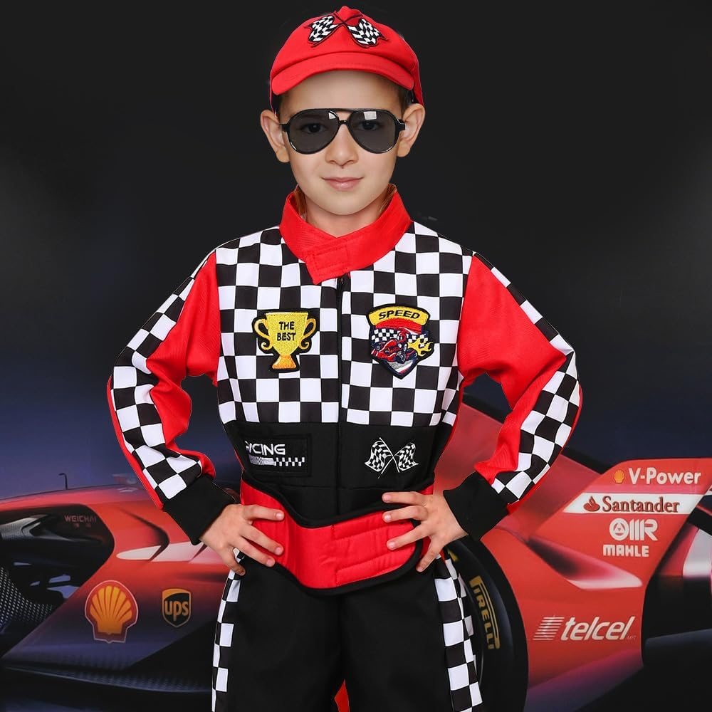 Latocos Kids Race Car Driver Costume Boys Girls Racer Jumpsuit With Car Cap Sunglasses Kids Dress Up Role Play for Halloween - Image 4