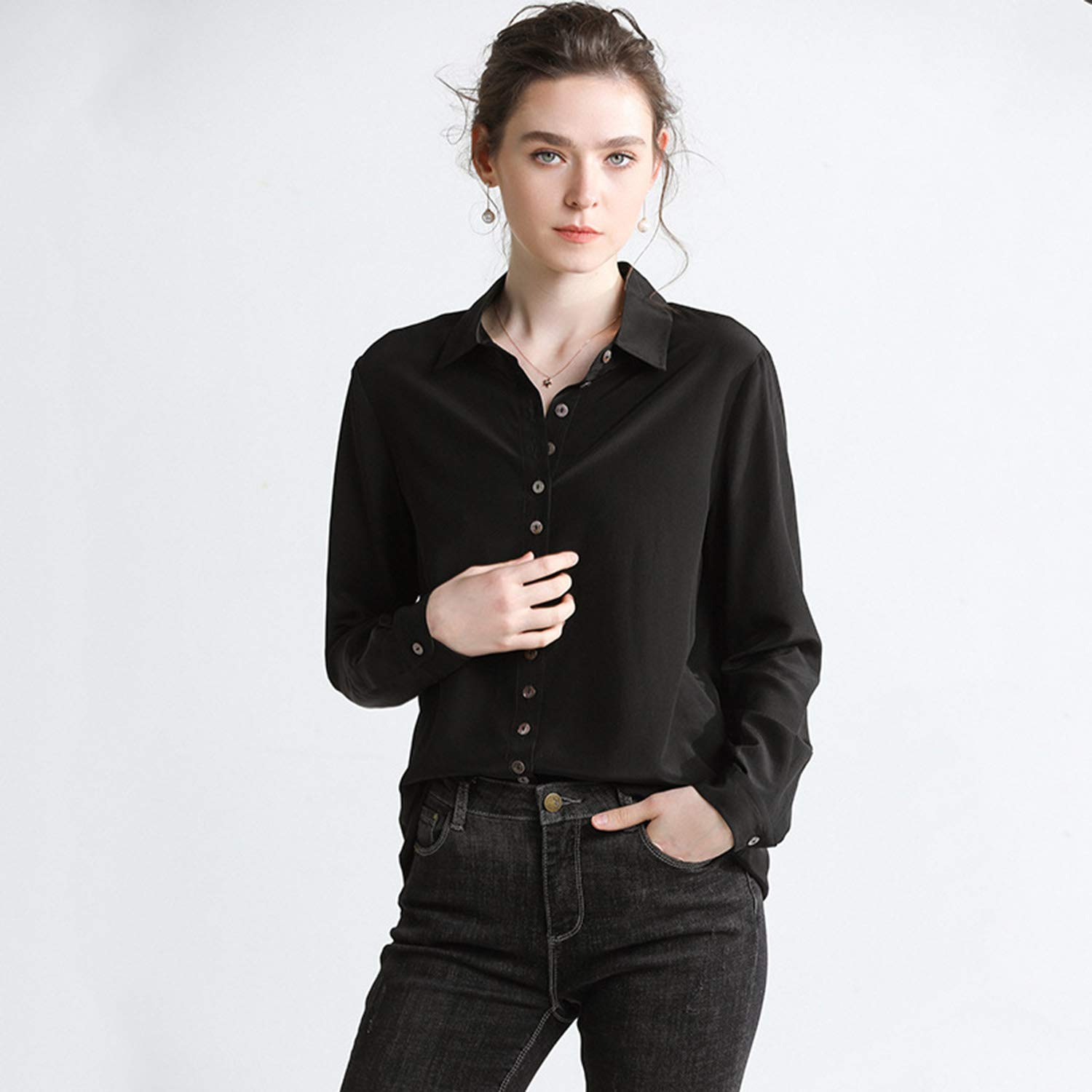 Camicia Chic di Seta Nera, Tuta Basic, Top A Manica Lunga, Blusa da Ufficio