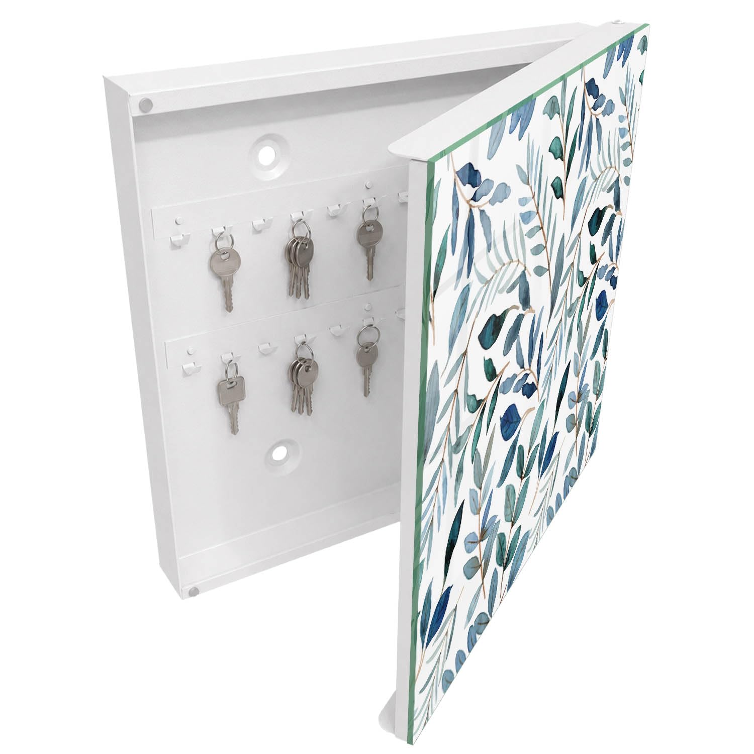 Armadietto Portachiavi 30x30 cm | Bianco | A Destra | Montaggio a Parete | Acquerelli di piante | Tasselli e Viti Inclusi | Frontale Decorativo in Vetro Temperato | per Uffici | in Metallo