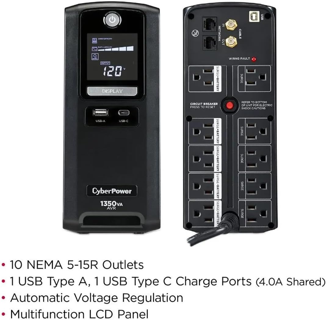 CyberPower CST135UC 1350VA/810W Simulated Sinewave LCD Battery Backup UPS System, Black