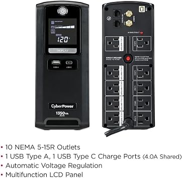 CyberPower CST135UC 1350VA/810W Simulated Sinewave LCD Battery Backup UPS System, Black