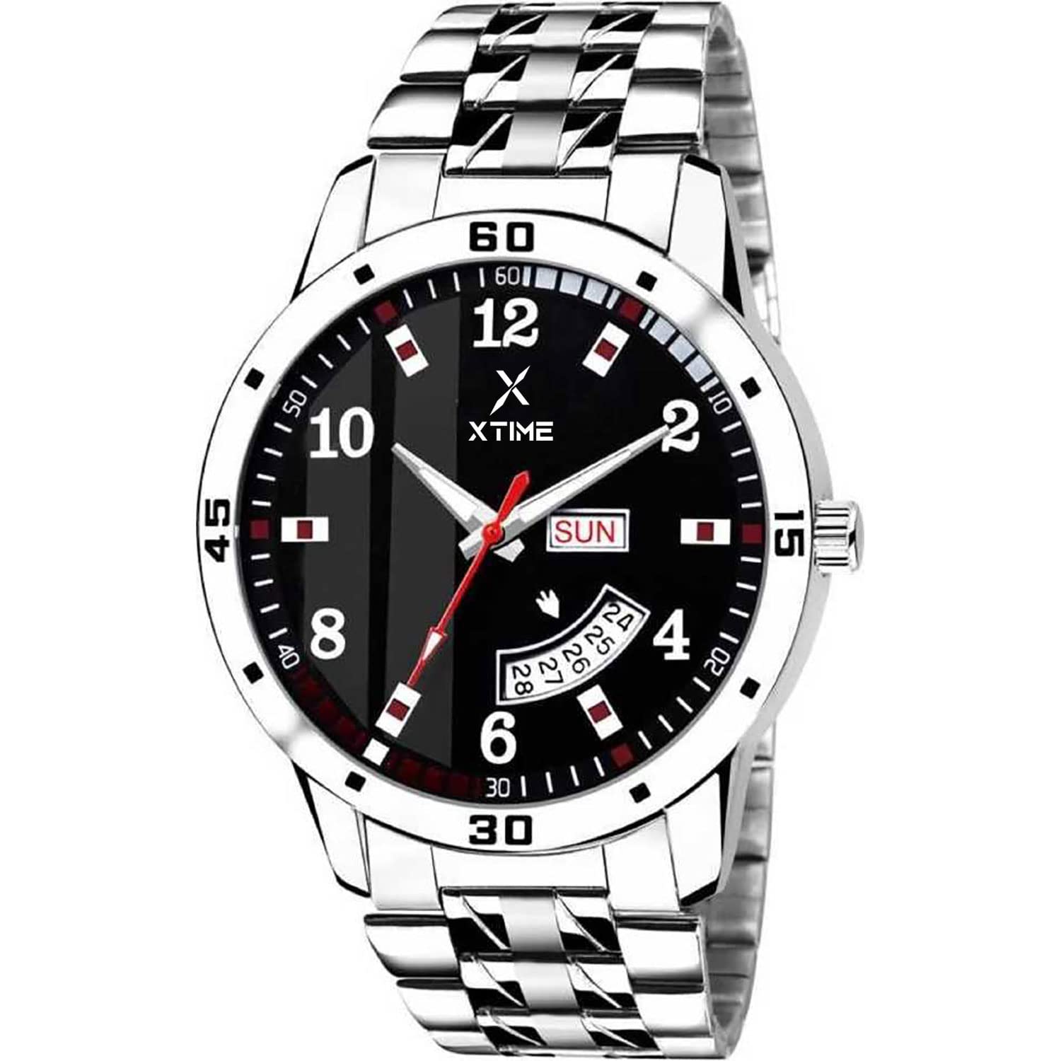 XTIME Analogue Day & Date Watch Round Black Dial & Silver Stainless Steel Chain Two Window for Mens & Boys (B09TTB5FR1) Amazon Price History, Amazon Price Tracker