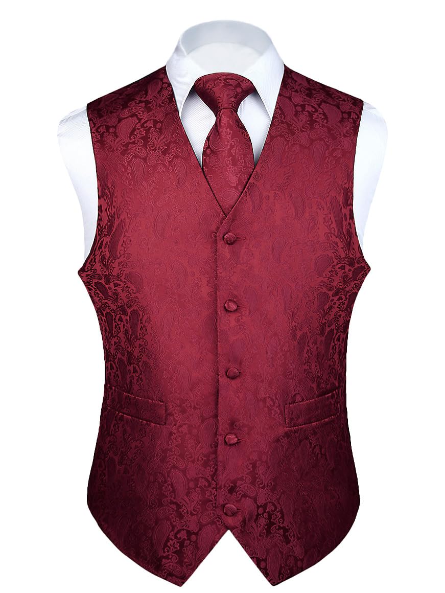 ENLISION Men's Paisley Waistcoat Necktie Pocket Square Handkerchief Jacquard Vest Suit Set, Burgundy, M(Chest size 44')