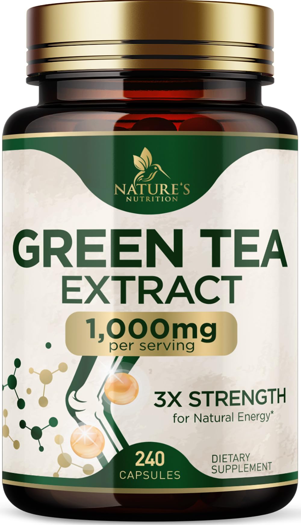 Green Tea Extract 1000mg Per Serving - Standardized 45% EGCG & 98% Polyphenols - 3X Strength Green Tea Pills for Energy, Supports Heart Health, Herbal Supplement, Vegan, Bottled in USA - 240 Capsules 240 Count (Pack of 1)