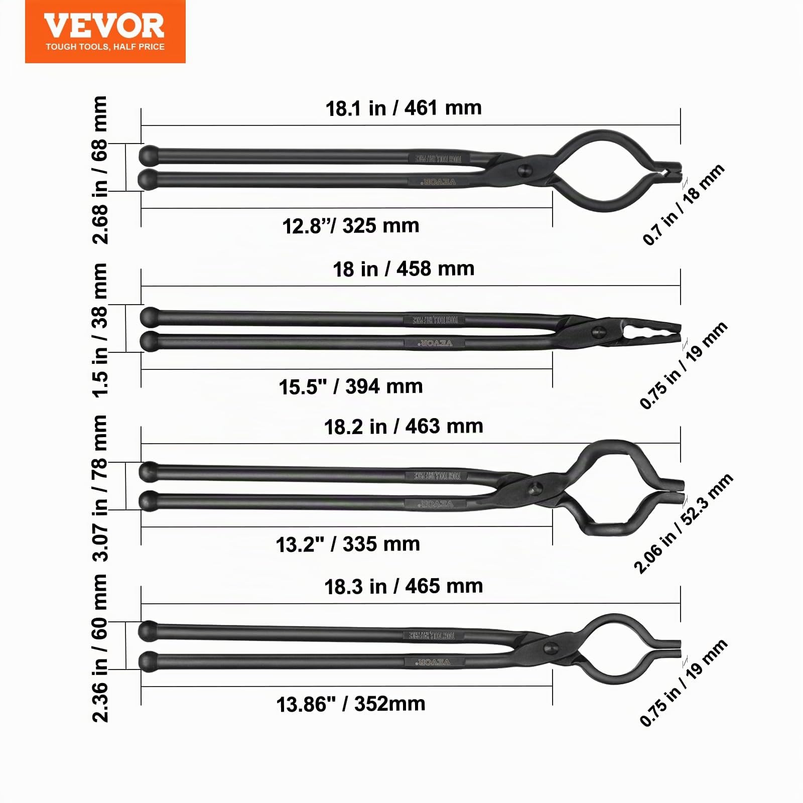 VEVOR Schmiedezange-Set, V-Bit, Wolf, ZV, Greifzange 4 Stk. Kohlenstoffstahl Schmiedezange, 465 x 60 x 19 mm / 461 x 68 x 18 mm / 458 x 38 x 19,0 mm / 463 x 78 x 52,3 mm, mit Verlängertem Griff