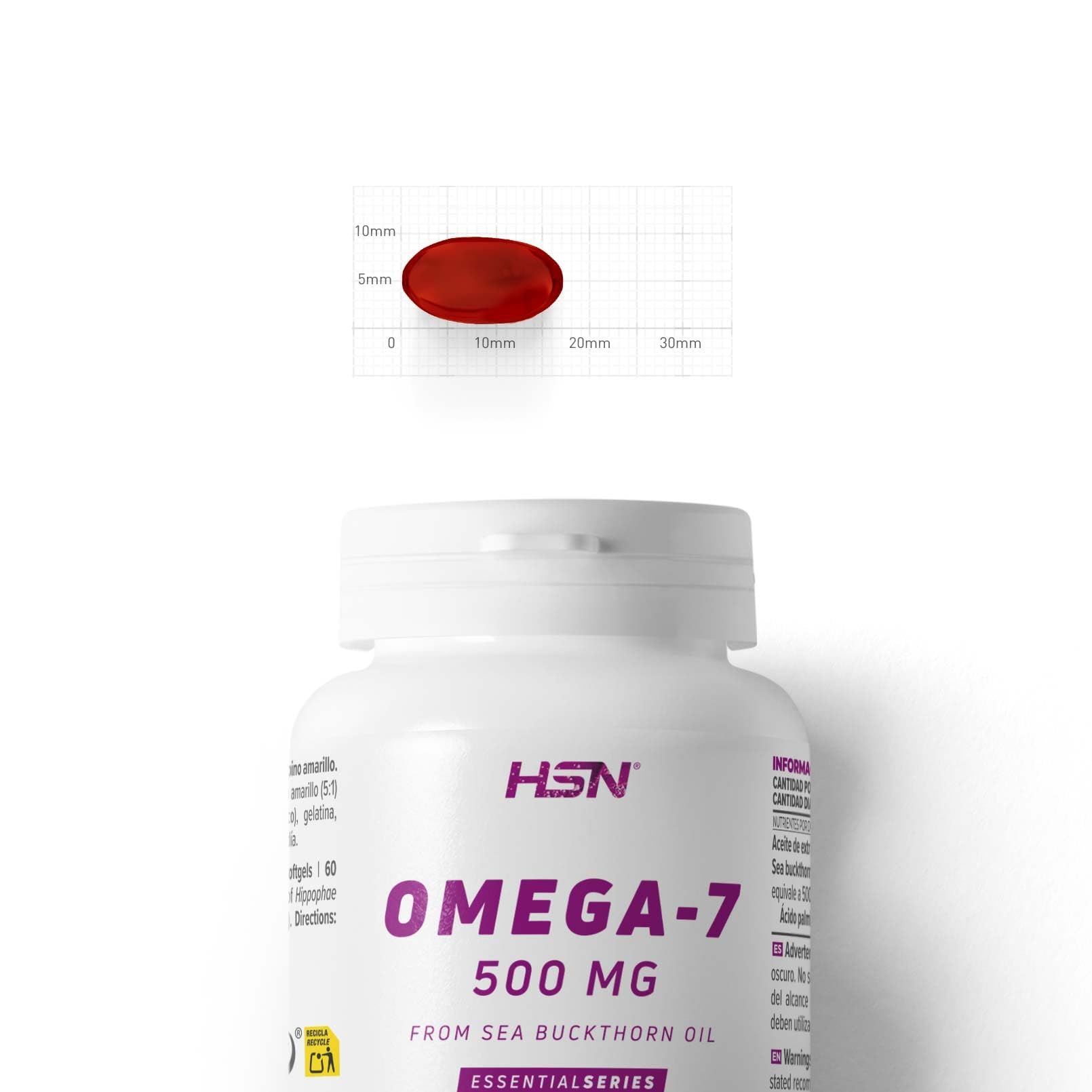 HSN Omega 7 Aceite de Espino Amarillo 500mg | 120 Perlas | Estandarizado al 35% en Ácido Palmitoleico | 5000mg equivalencia fruto de Hippophae rhamnoides | No-GMO, Sin Gluten ni Lactosa