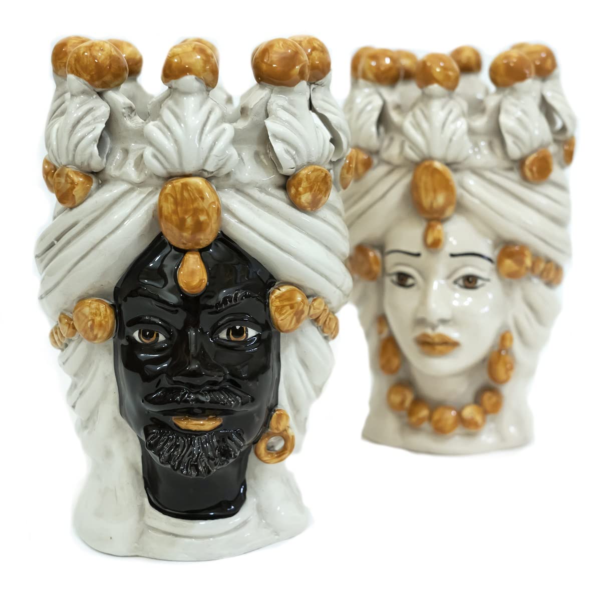 Coppia teste di moro Caltagirone ambra in ceramica siciliana vaso grande H 20 cm