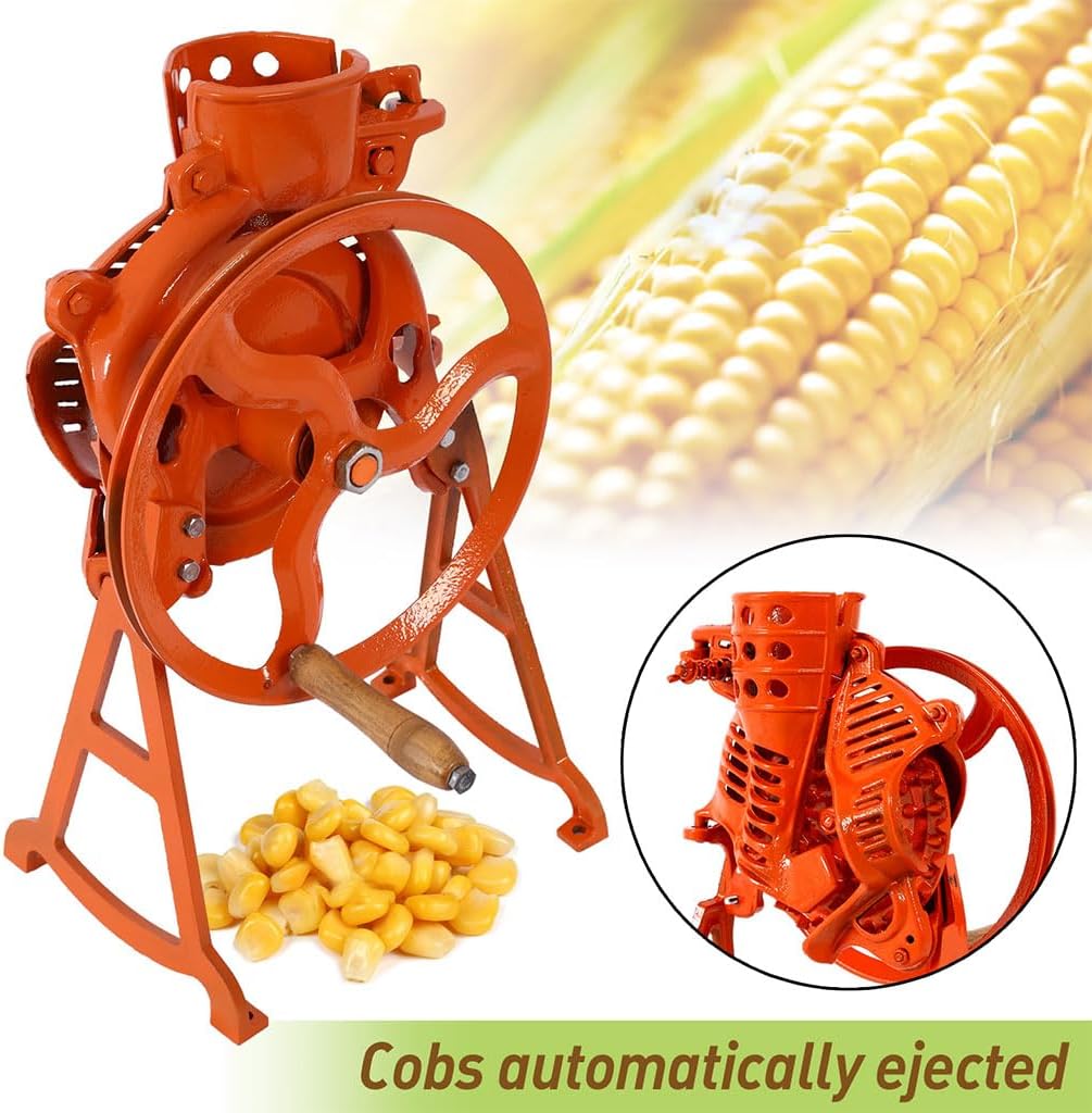 Corn Sheller Hand Crank, Heavy Duty Manual Corn Thresher with Stand and Wooden Handle, Dry Corn Sheller Heavy Duty Iron Corn Shelling Machine for Small Farm and Household Usage