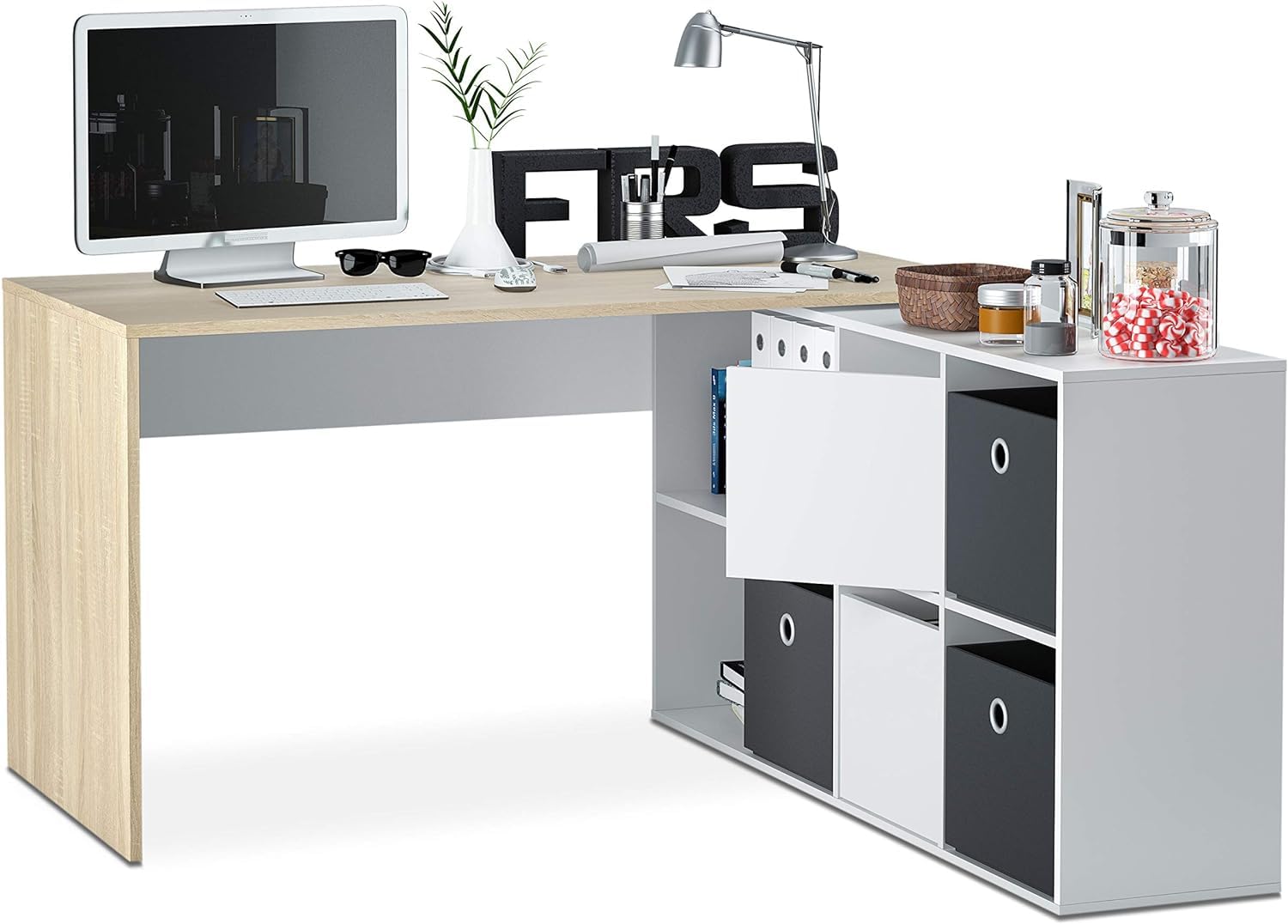 Habitdesign 0F4606A - Mesa Escritorio, Mueble de despacho, Modelo Adapta, Medidas: 74 x 120 x 77 cm, Color Blanco artik y Roble Canadian