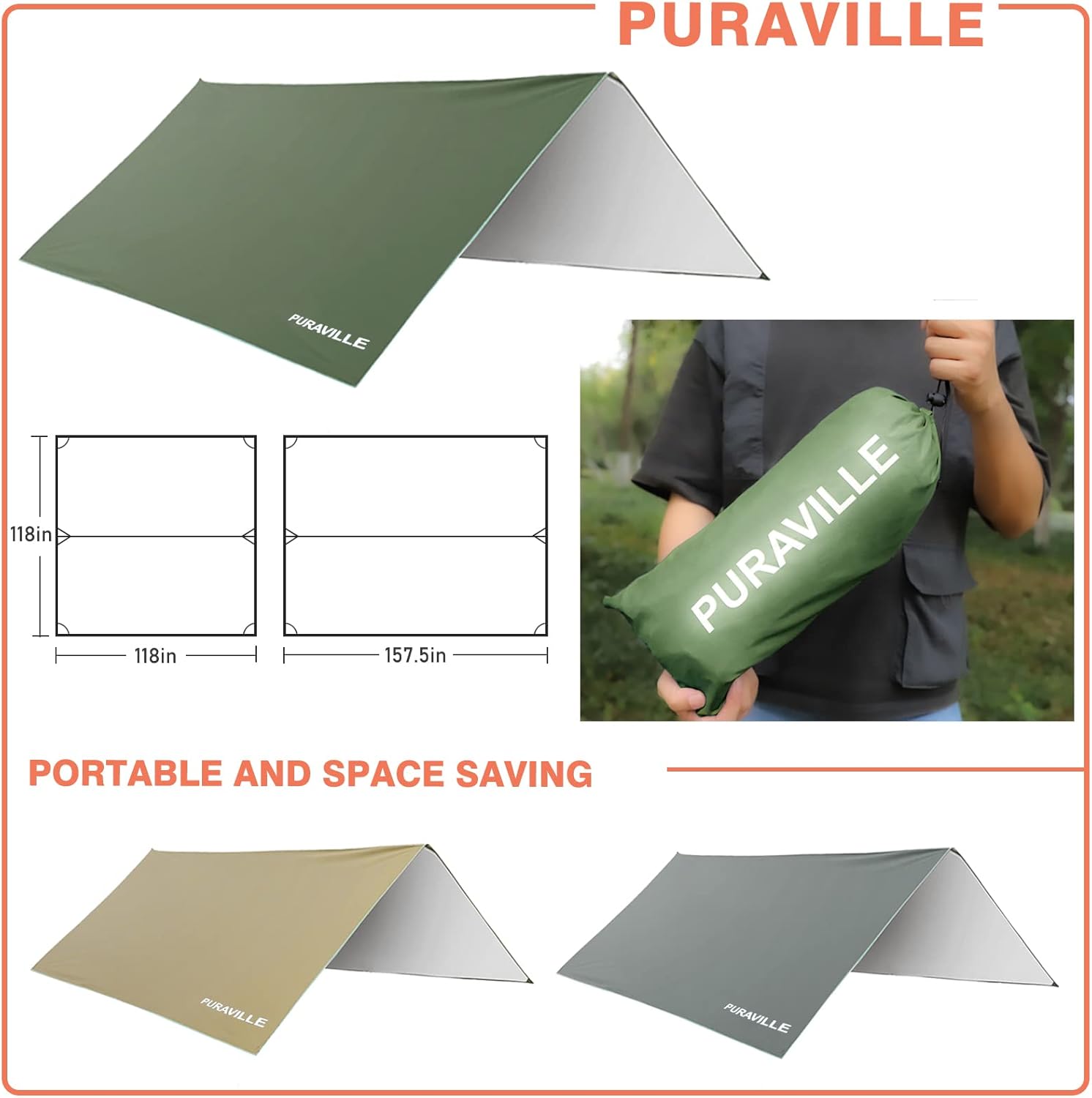 Puraville 12x10 ft Rectangle Lightweight Camping Tarps, Portable Waterproof Hammock Rain Fly Tent Tarp for Camping Backpacking, Green