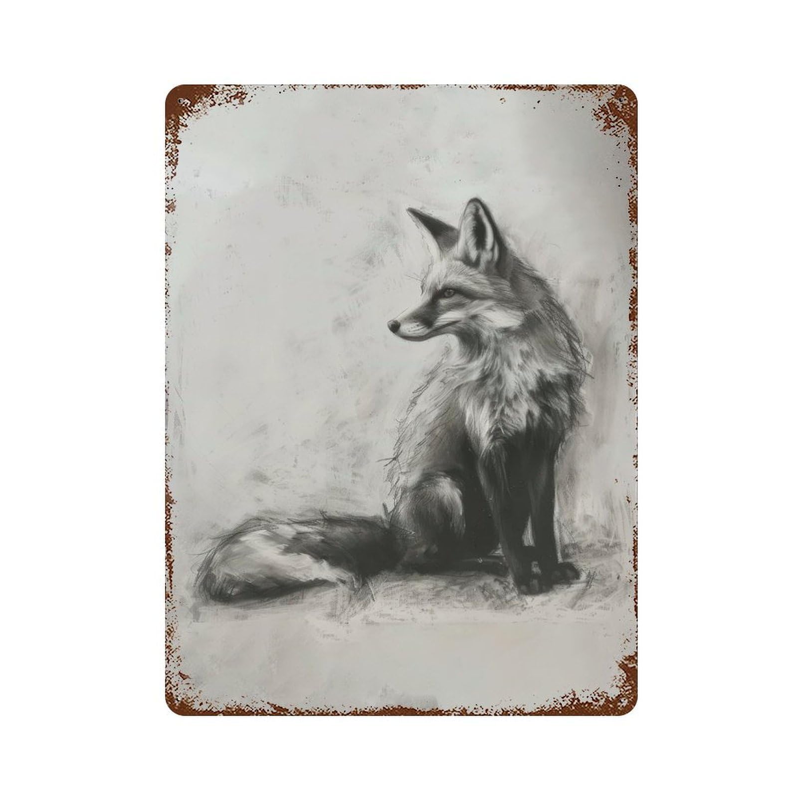 Fox In Charcoal Sketch Vintage Rust Metal Sign 15.7"x11.8", Ideal for Basement, Hobby Room And Garage Decor