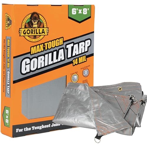 Gorilla 97050E Max Tough Tarp 6' x 8' - Heavy-Duty 14 MIL & 16X16 Weave - UV Treated, Reinforced Hems, Brass Grommets, Durable and Weather-Resistant, D-Ring Corners - 97050