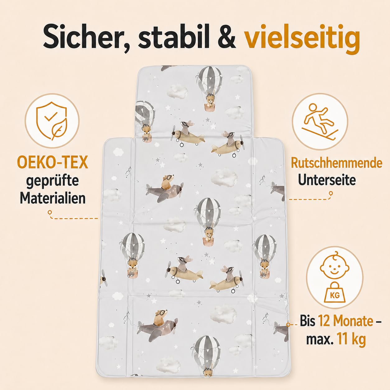 Matelas à Langer Pliable 77 x 44 cm, de voyage, Motif Montgolfière | Pliable, compact pour voyager, surface essuyable, rembourrage doux, matelas à langer pratique en déplacement