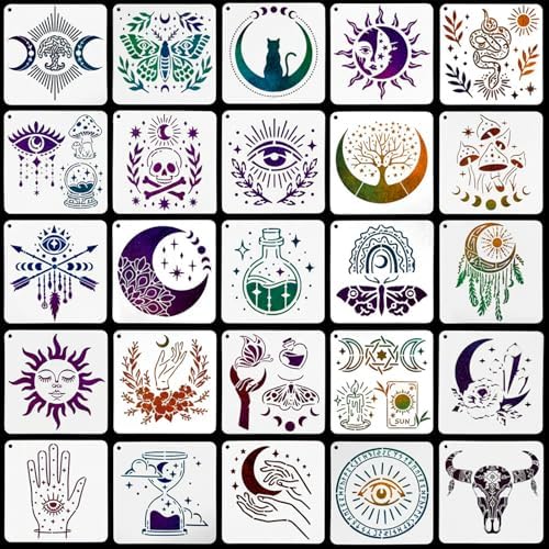 25 Pcs Stencils for Crafts Reusable, 6" Sun Moon Tarot Mandala St...