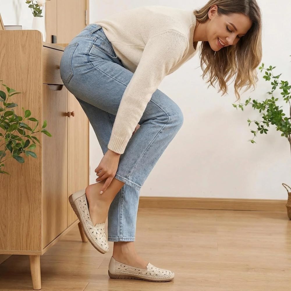 Scarpe casual da donna, comode, leggere, alla moda, con intaglio, ballerine floreali da donna, mocassini ortopedici larghi e mocassini